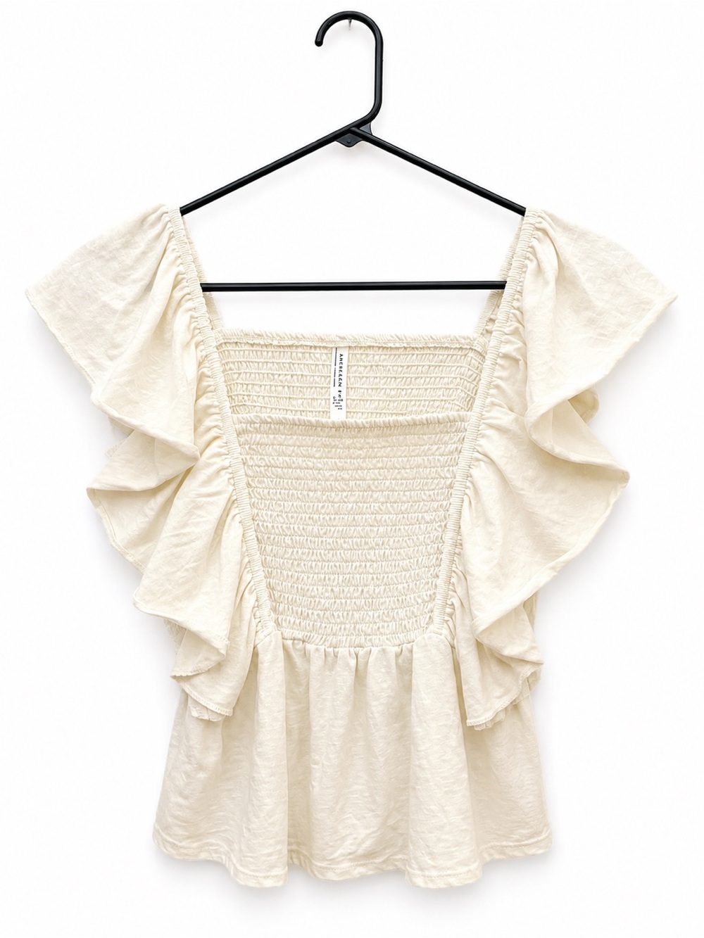 American Eagle Outfitters Cream Ruffle Sleeve Smocked Peplum Top